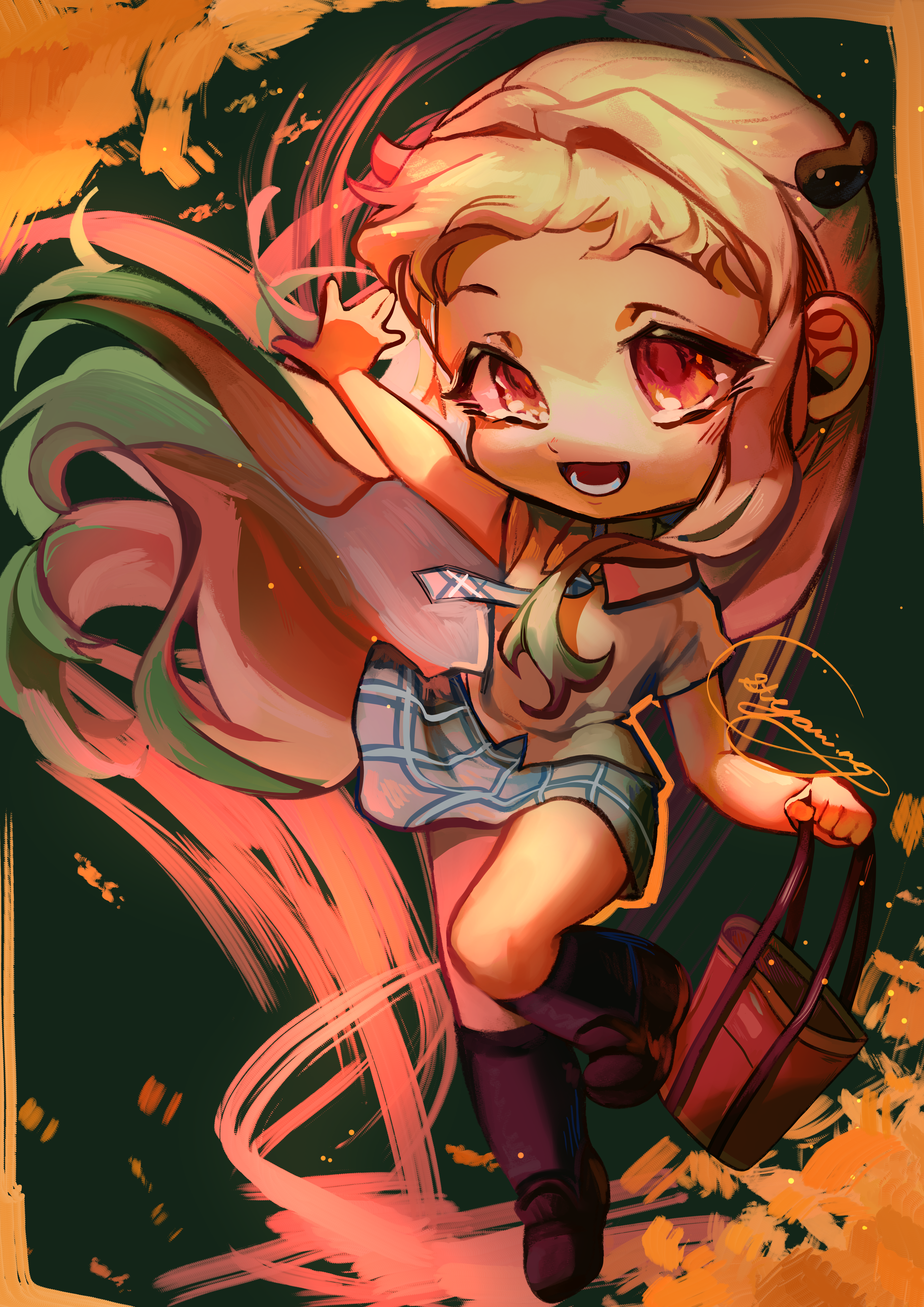 Colored chibi fullbody sketch of Nene in a Destiny Island's school uniform.